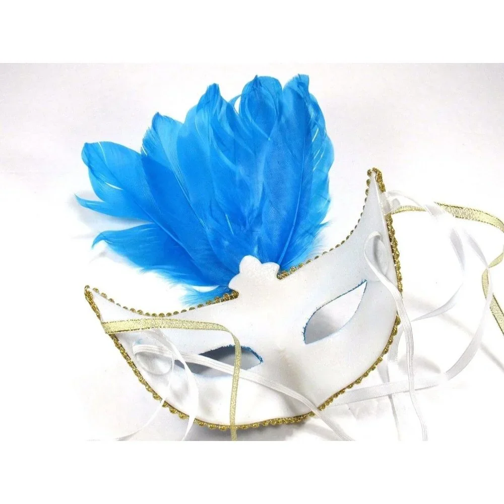Eye Mask Womens Halloween Mardi Gras Feather Blue Masquerade Mask One Size New